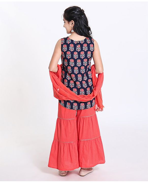 Pine Kids Printed Kurti with Sharara & Cotton Crushed Dupatta - Blue Pink
