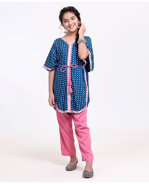 Pine Kids Half Sleeves Printed Kaftan with Tie-up & Salwar - Pink