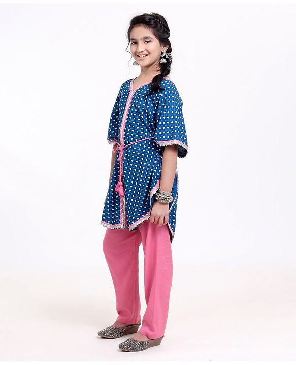 Pine Kids Half Sleeves Printed Kaftan with Tie-up & Salwar - Pink