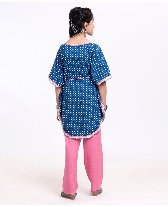 Pine Kids Half Sleeves Printed Kaftan with Tie-up & Salwar - Pink