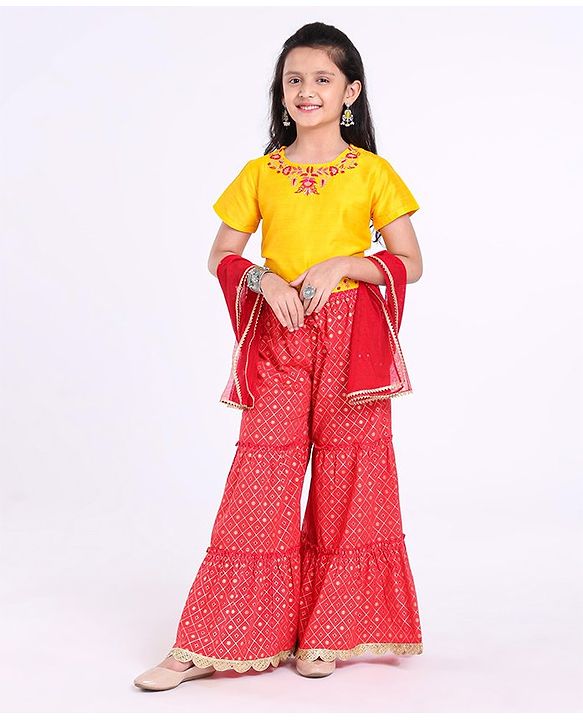 Pine Kids Printed Top And Sharara Set with Mesh Dupatta - Red