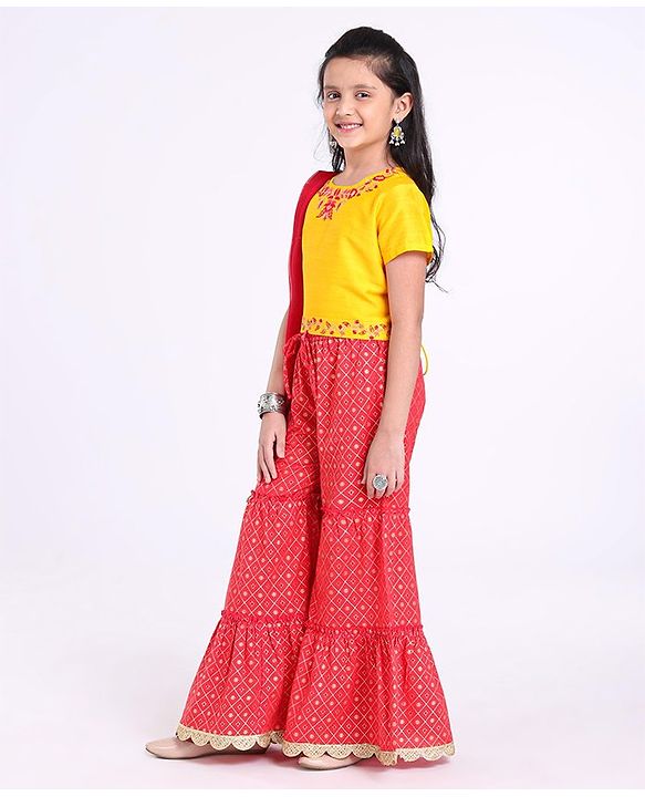 Pine Kids Printed Top And Sharara Set with Mesh Dupatta - Red