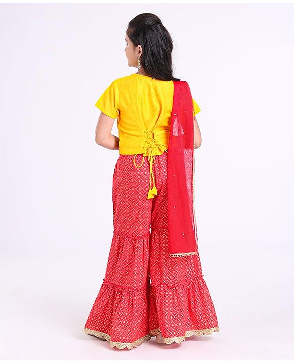 Pine Kids Printed Top And Sharara Set with Mesh Dupatta - Red