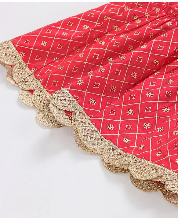 Pine Kids Printed Top And Sharara Set with Mesh Dupatta - Red