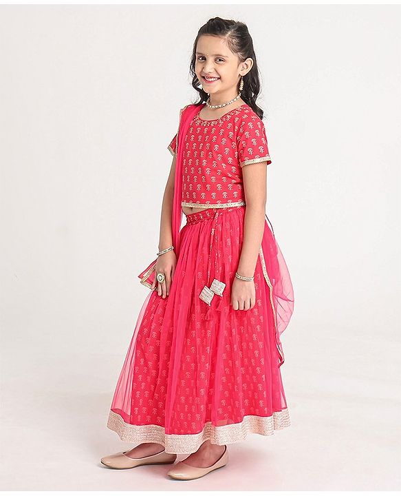 Pine Kids Half Sleeves Embroidered Choli with Foil Print  Lehenga & Dupatta Set Embellished with Lace Borders - Pink