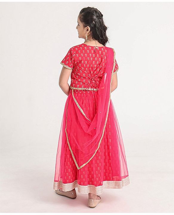 Pine Kids Half Sleeves Embroidered Choli with Foil Print  Lehenga & Dupatta Set Embellished with Lace Borders - Pink