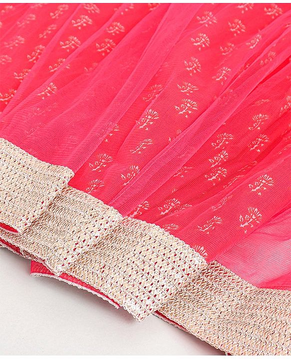 Pine Kids Half Sleeves Embroidered Choli with Foil Print  Lehenga & Dupatta Set Embellished with Lace Borders - Pink