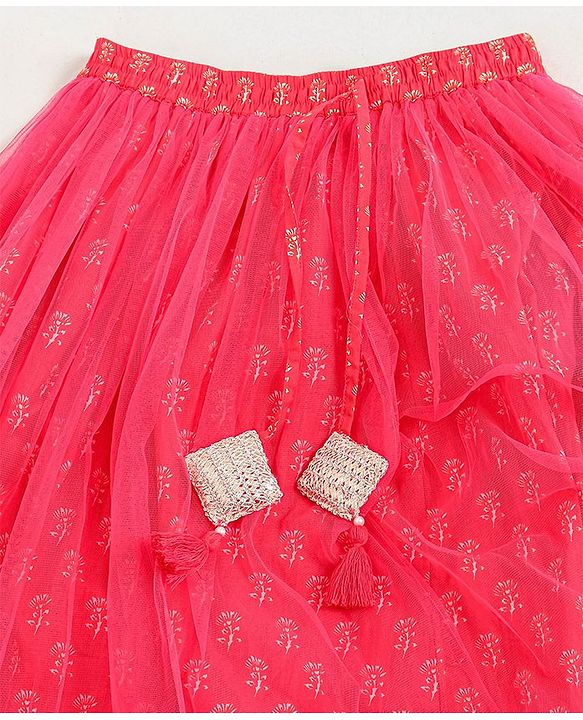 Pine Kids Half Sleeves Embroidered Choli with Foil Print  Lehenga & Dupatta Set Embellished with Lace Borders - Pink