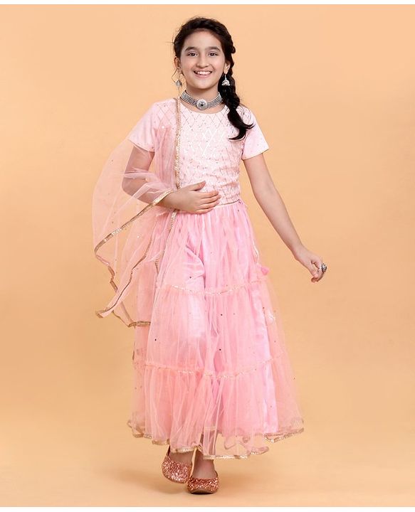 Pine Kids Half Sleeves Gottta Lace Choli and Lehenga Set with Sequined Dupatta - Peach