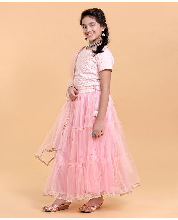 Pine Kids Half Sleeves Gottta Lace Choli and Lehenga Set with Sequined Dupatta - Peach