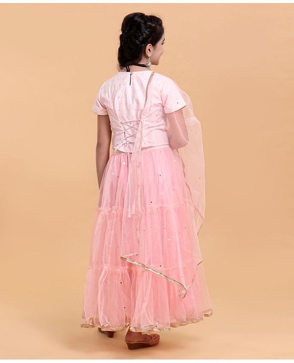Pine Kids Half Sleeves Gottta Lace Choli and Lehenga Set with Sequined Dupatta - Peach