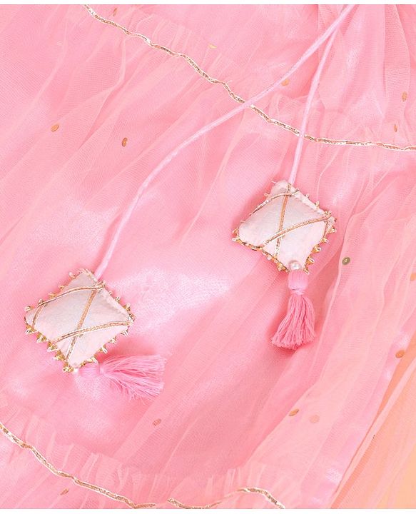 Pine Kids Half Sleeves Gottta Lace Choli and Lehenga Set with Sequined Dupatta - Peach