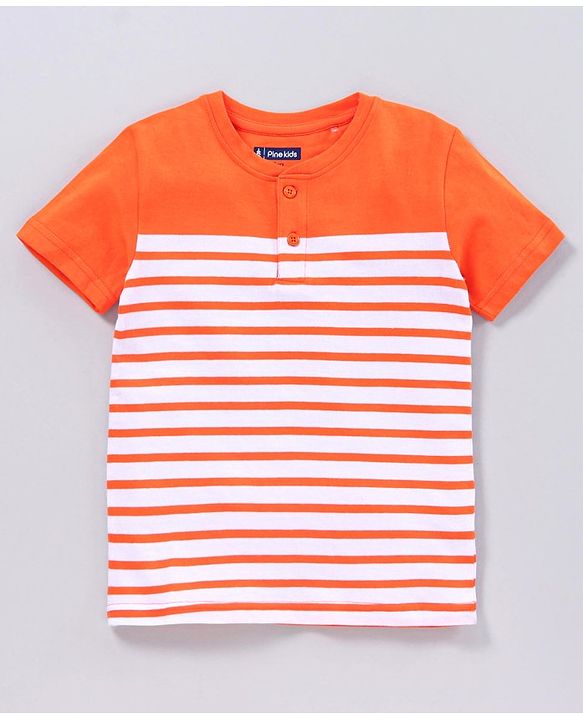 Pine Kids Half Sleeves Bio Washed Tee Striped Print - Orange Green