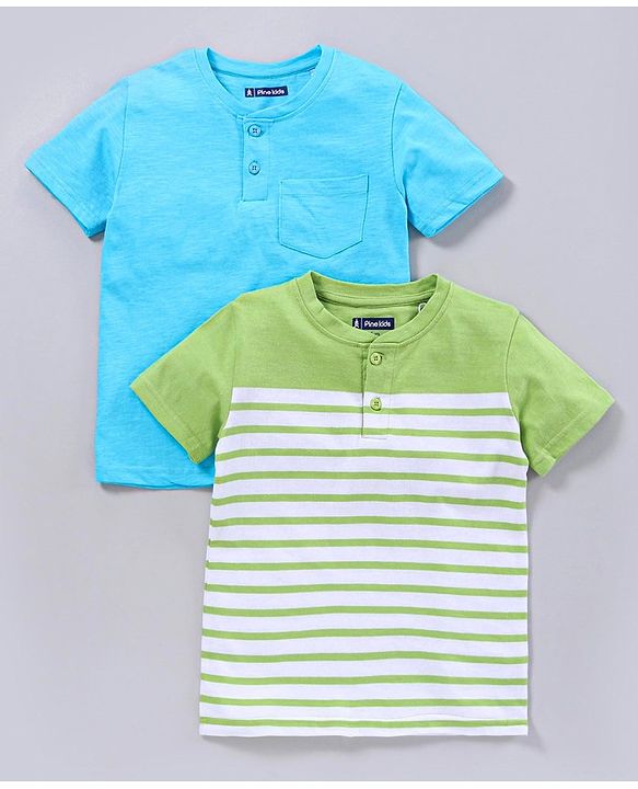 Pine Kids Half Sleeves Bio Washed Tee Striped Print Pack of 2 - Blue Green