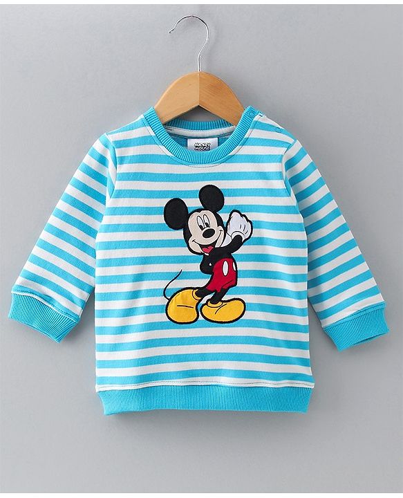 Babyhug Full Sleeves Sweatshirt Mickey Mouse Print  - White Stripes