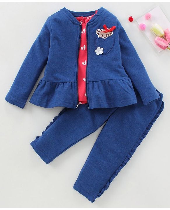 Babyhug Full Sleeves Jacket Top & Jeggings Set Bow Print - Bue