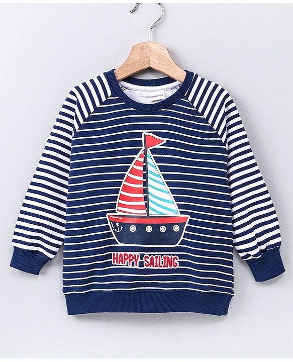 Babyhug Full Sleeves Striped Sweatshirt Boat Print - Navy Blue