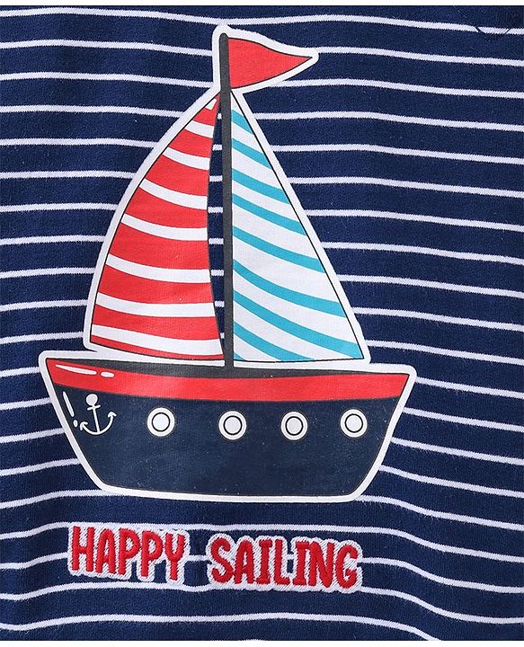Babyhug Full Sleeves Striped Sweatshirt Boat Print - Navy Blue