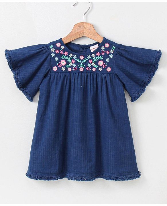 Babyhug Half Sleeves Frock Floral Embroidery - Blue