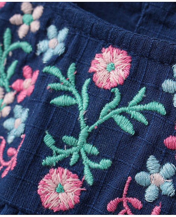 Babyhug Half Sleeves Frock Floral Embroidery - Blue