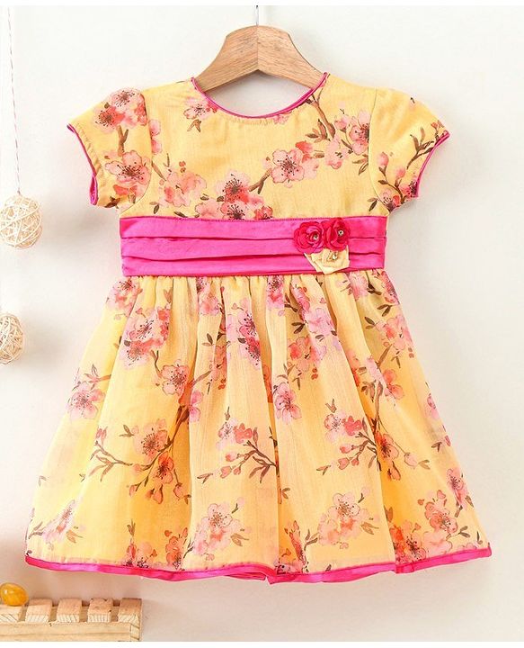Babyhug Puff Sleeves Frock Floral Appliques - Yellow