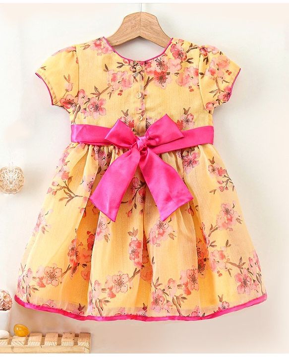 Babyhug Puff Sleeves Frock Floral Appliques - Yellow