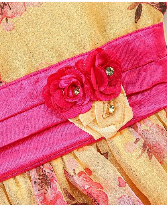 Babyhug Puff Sleeves Frock Floral Appliques - Yellow