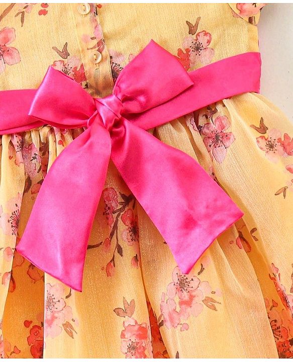 Babyhug Puff Sleeves Frock Floral Appliques - Yellow