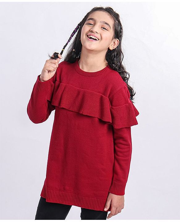 Pine Kids Full Sleeves Sweater Dress With Frill Detailing - Red
