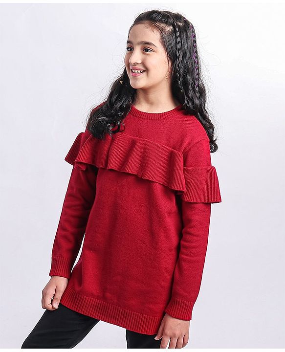Pine Kids Full Sleeves Sweater Dress With Frill Detailing - Red