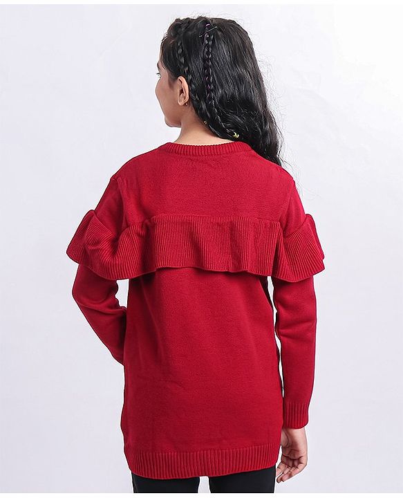 Pine Kids Full Sleeves Sweater Dress With Frill Detailing - Red