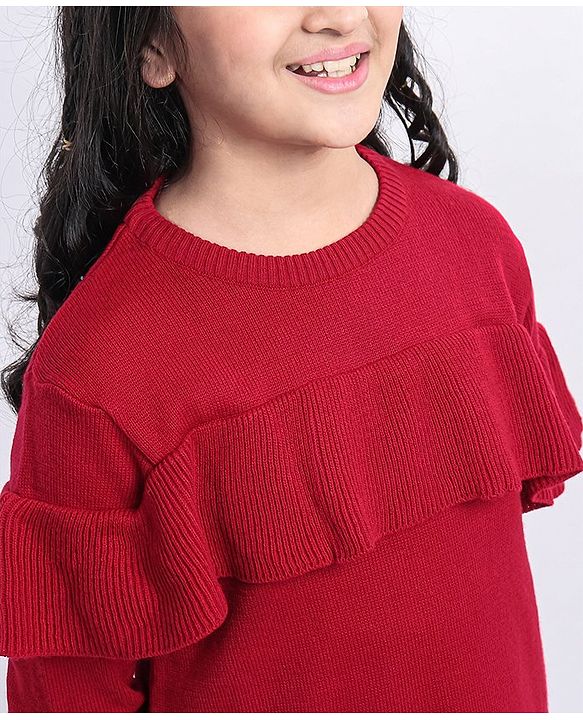 Pine Kids Full Sleeves Sweater Dress With Frill Detailing - Red