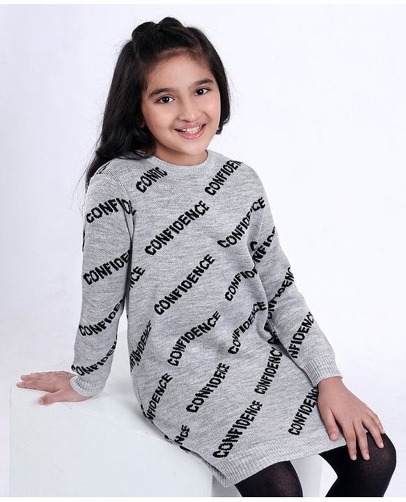 Pine Kids Medium Winter Full Sleeves Woollen Sweater Dress Confidence Print - Grey