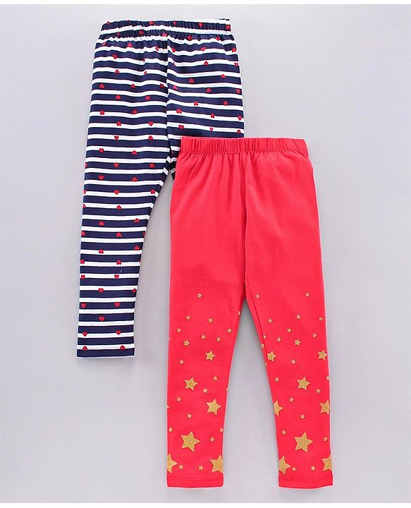 Pine Kids Ankle Length Organic Cotton And Biowash Leggings Star Print Pack of 2 - Pink Navy