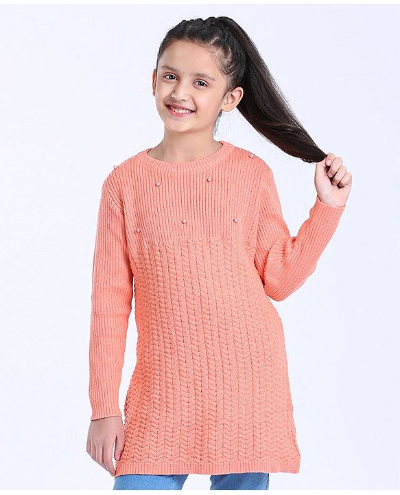 Pine Kids Full Sleeve Knee Length Dress Solid Color - Peach
