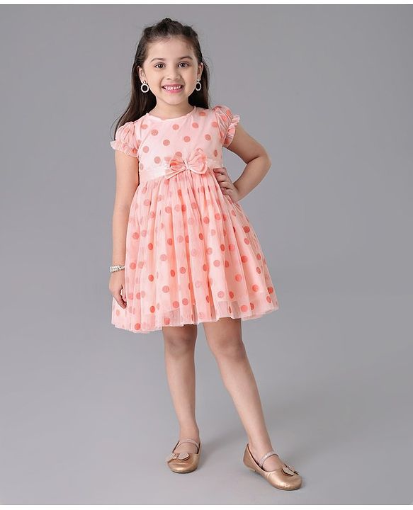 Babyhug Cap Sleeves Party Wear Dots Print - Peach