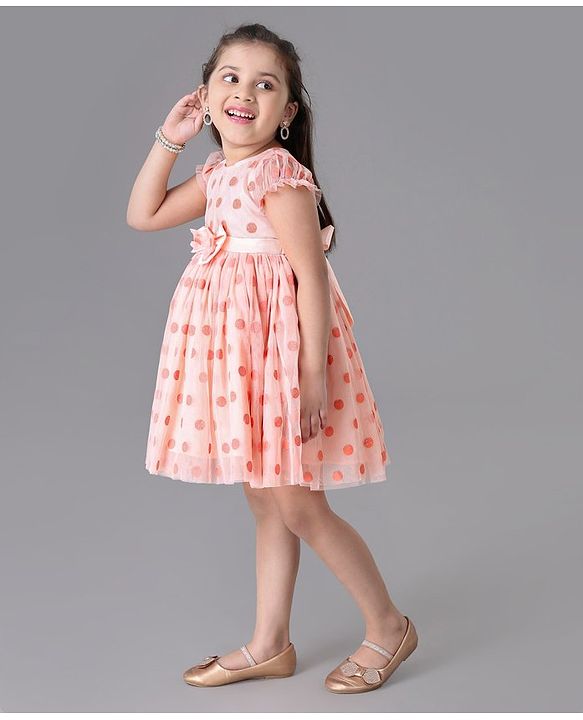 Babyhug Cap Sleeves Party Wear Dots Print - Peach