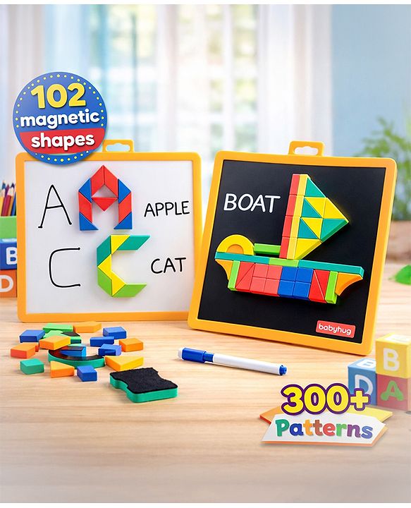 Babyhug Play N Learn Double Side Board with 102 Magnetic Shapes| Playset With Write & Wipe Feature| Puzzle Book with 300+ Patterns| 1 Sketch Pen and Duster Learning and Educational Toy for 4-6 Years Kids| Gifting Toy| BIS Certified