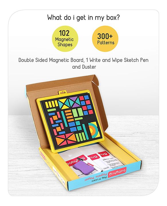 Babyhug Play N Learn Double Side Board with 102 Magnetic Shapes| Playset With Write & Wipe Feature| Puzzle Book with 300+ Patterns| 1 Sketch Pen and Duster Learning and Educational Toy for 4-6 Years Kids| Gifting Toy| BIS Certified