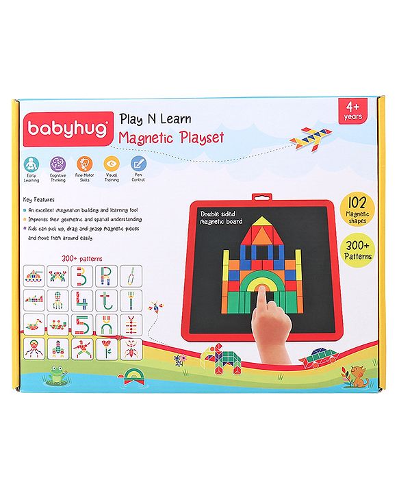 Babyhug Play N Learn Double Side Board with 102 Magnetic Shapes| Playset With Write & Wipe Feature| Puzzle Book with 300+ Patterns| 1 Sketch Pen and Duster Learning and Educational Toy for 4-6 Years Kids| Gifting Toy| BIS Certified