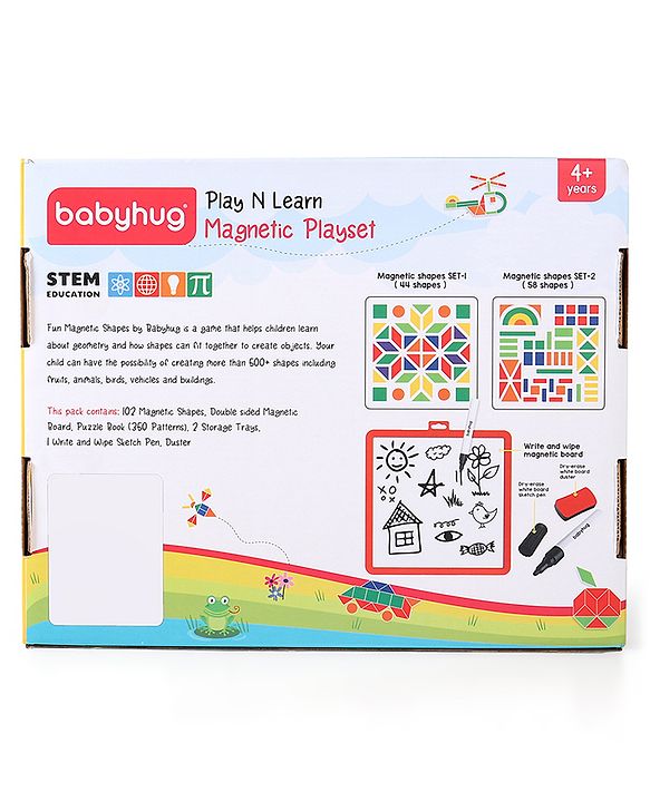Babyhug Play N Learn Double Side Board with 102 Magnetic Shapes| Playset With Write & Wipe Feature| Puzzle Book with 300+ Patterns| 1 Sketch Pen and Duster Learning and Educational Toy for 4-6 Years Kids| Gifting Toy| BIS Certified