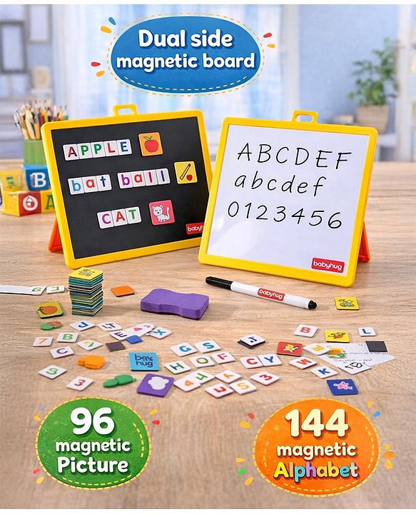 Babyhug Spell World Magnetic Learning Set - 96 Pictures & 144 Alphabets | Fun Magnetic Board | Word Building & Spelling Practice | Enhances Vocabulary, Memory & Problem-Solving Skills | BIS Certified
