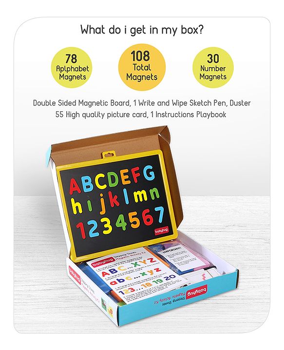 Babyhug Stepping Stones Magnetic Writing Activity Kit - 52 Pictures & 108 Magnets | Learning Tool For Writing & Recognition | Builds Language Skills, Hand-Eye Coordination & Creativity | BIS Certified