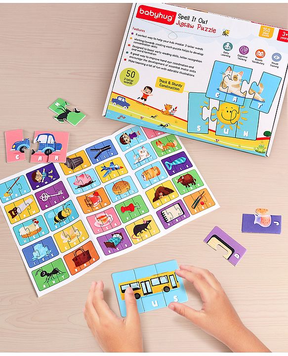 Babyhug Premium Kids Spell and Learn 150 Pieces Puzzle| 50 Three Letter Words - Beautiful Colorful Pictures| Educational and Learning Jigsaw| BIS Certified| 3 Years+