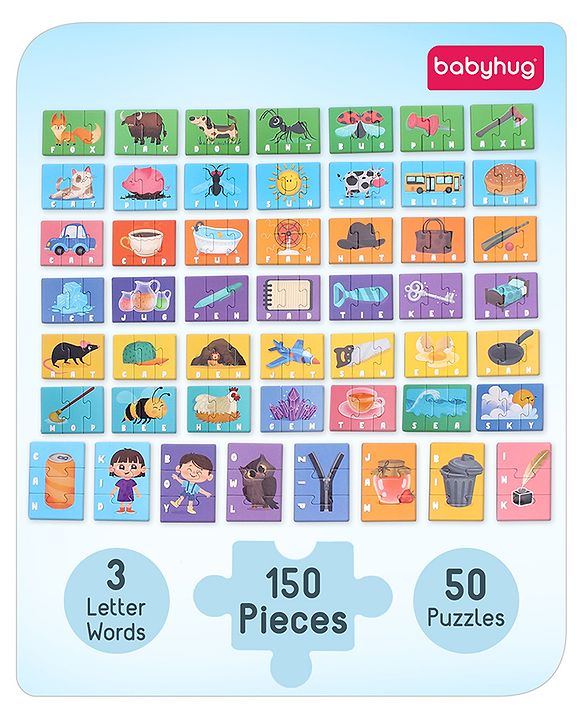 Babyhug Premium Kids Spell and Learn 150 Pieces Puzzle| 50 Three Letter Words - Beautiful Colorful Pictures| Educational and Learning Jigsaw| BIS Certified| 3 Years+