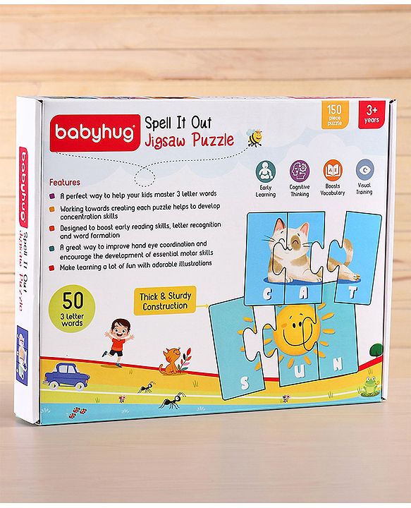 Babyhug Premium Kids Spell and Learn 150 Pieces Puzzle| 50 Three Letter Words - Beautiful Colorful Pictures| Educational and Learning Jigsaw| BIS Certified| 3 Years+