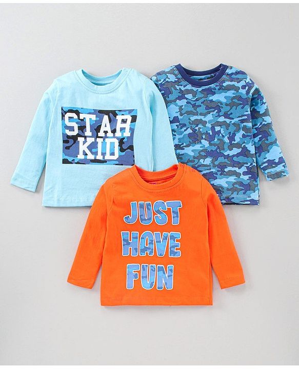 Babyhug Full Sleeves Tees Text Print Pack of 3 - Blue Orange