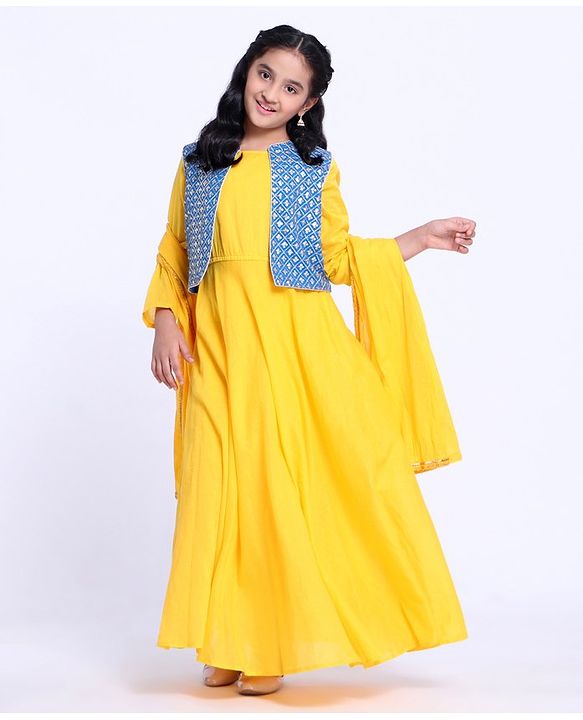 Pine Kids Full Sleeves Ethnic Kurti and Sequined Jacket with Dupatta - Yellow