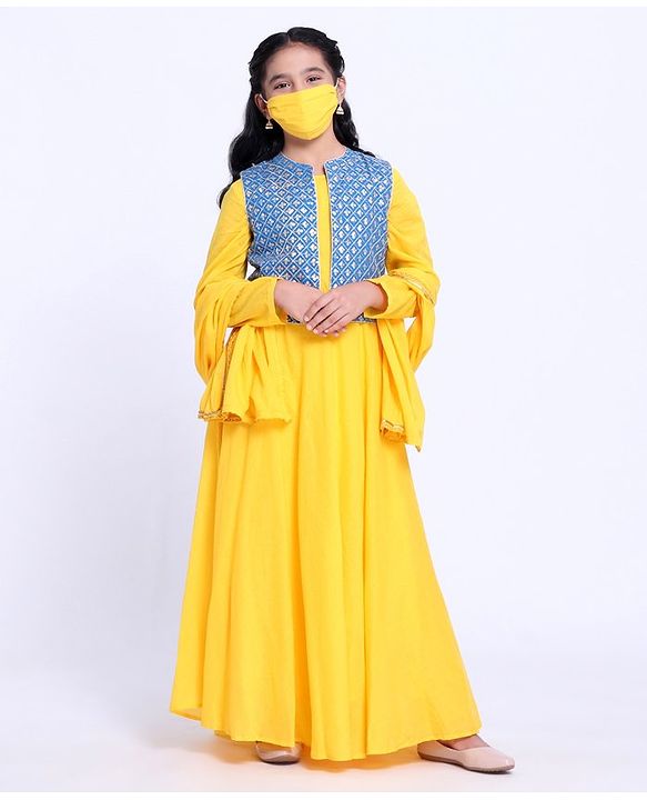 Pine Kids Full Sleeves Ethnic Kurti and Sequined Jacket with Dupatta - Yellow