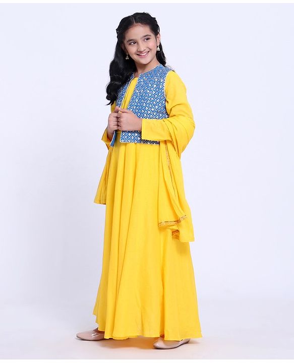 Pine Kids Full Sleeves Ethnic Kurti and Sequined Jacket with Dupatta - Yellow